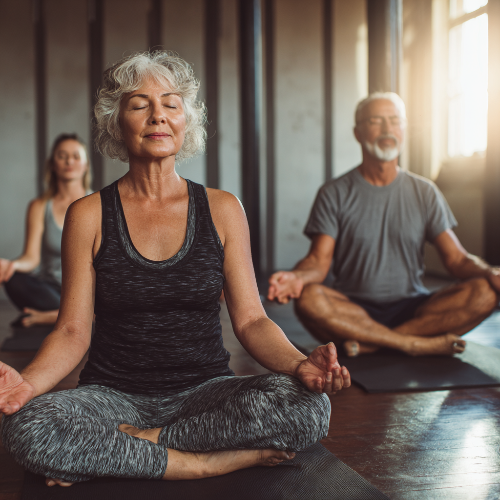 Middle-aged adults practicing gentle yoga poses in peaceful studio environment